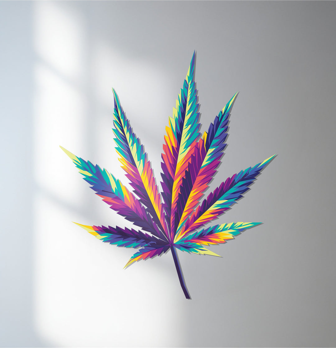 Geometric patterns create a striking, unique metal wall art depiction of a colorful cannabis leaf, showcasing an abstract psychedelic design.
