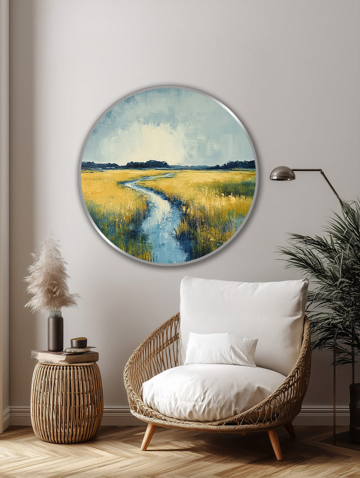Highlighting the abstract quality, the golden horizon oil painting home decor presents a serene meadow river scene, capturing the tranquility of a landscape in circular brushstrokes.