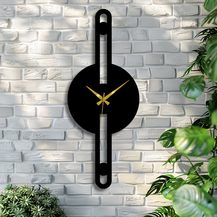 Vertical minimalist line metal wall clock features a round shape with gold hands, a striking home decoration for modern metal wall decor.
