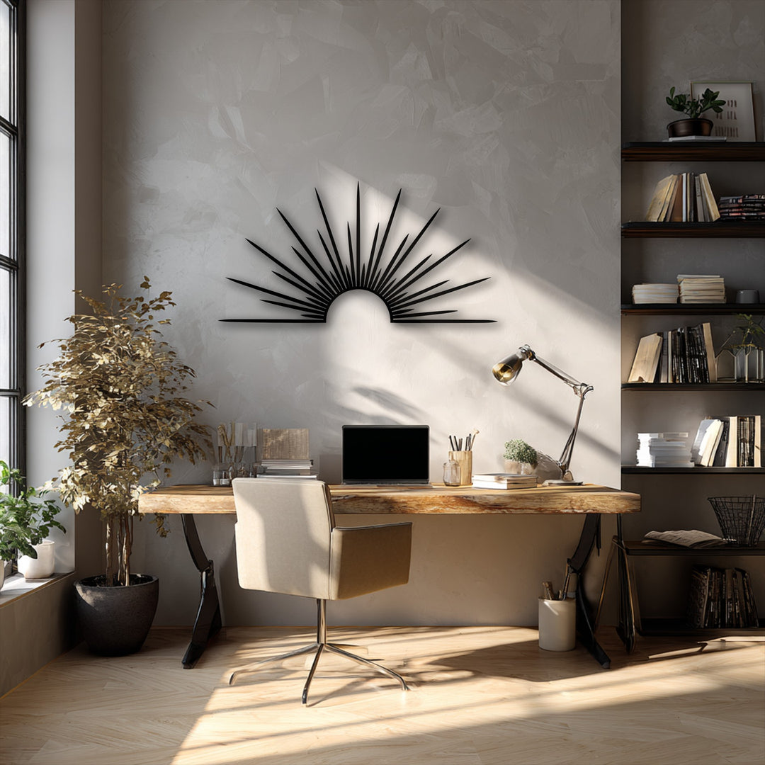 Negative space sharply defines the sunburst metal artwork, a minimalist modern design on the textured wall, highlighting the elegant metal artwork.