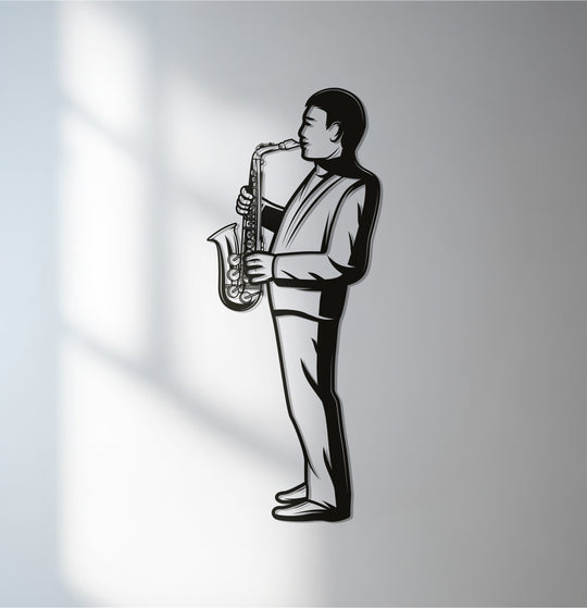 Gentle light defines the saxophone player's silhouette, creating a soft glow around this unique metal artwork, a modern music-themed wall decor piece.