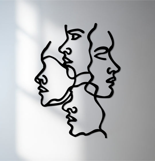 Subdued color saturation enhances the dramatic impact of this metal decoration wall art, featuring an abstract unity of faces line art sculpture.