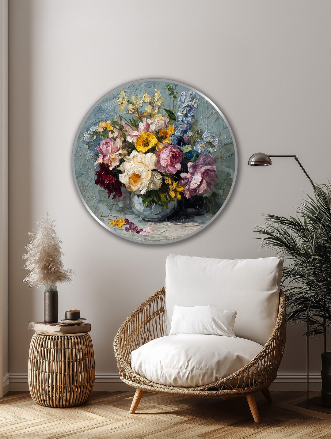 Highlighting the subtle, silver edge and borders of this round oil painting wall art depicting a radiant garden bouquet.
