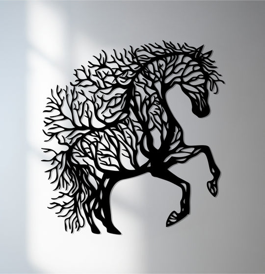 Light and shadow play across this unique metal wall art, depicting a majestic tree horse, creating a striking effect for home decoration.