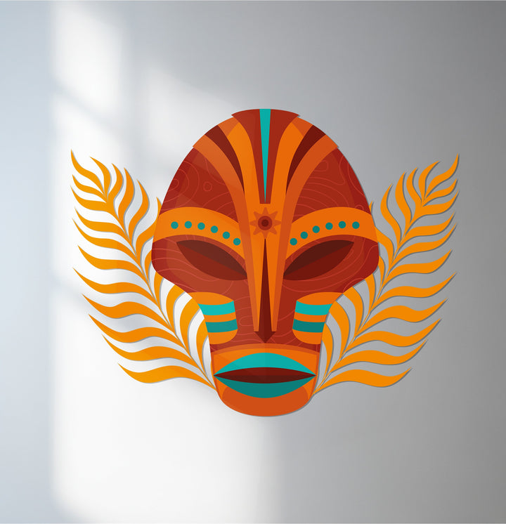 Tribal mask metal wall art with orange and turquoise abstract design