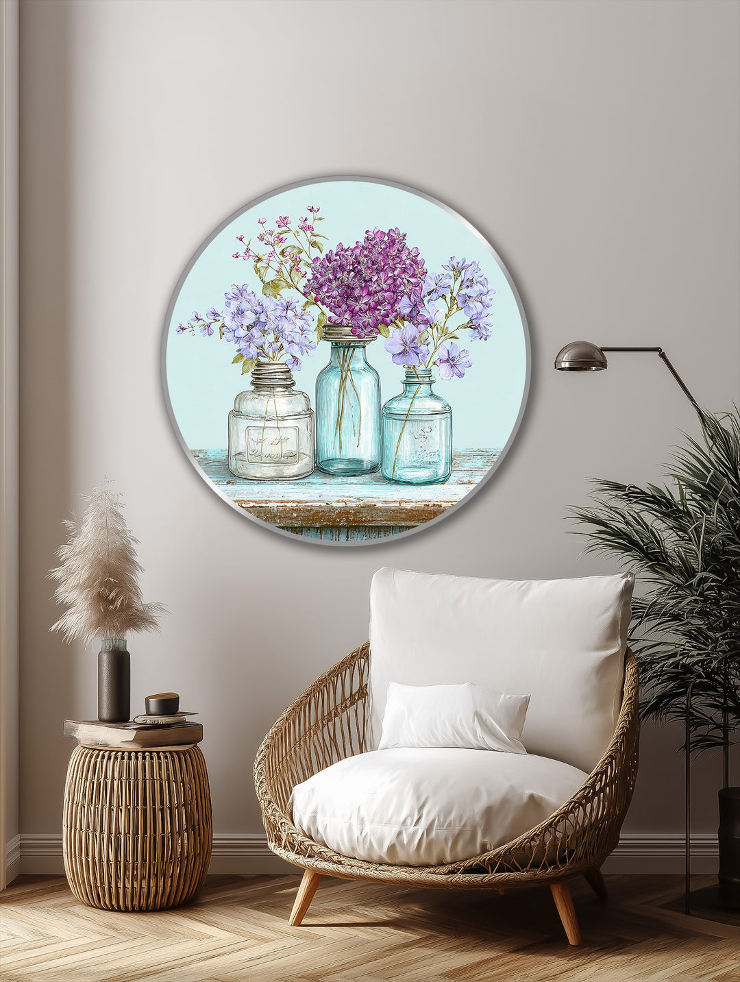 Pastel Wildflower Jars Round Oil Painting