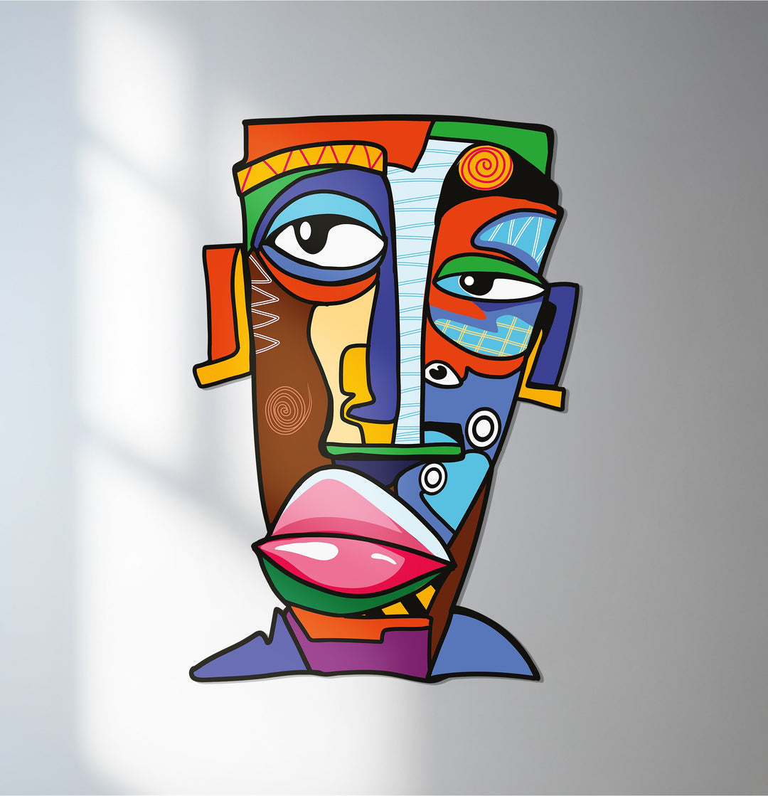 Colorful abstract face Picasso style metal wall art