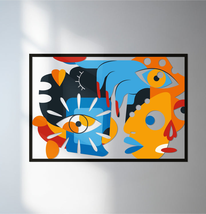 Abstract faces metal wall art with cubist blue and orange design