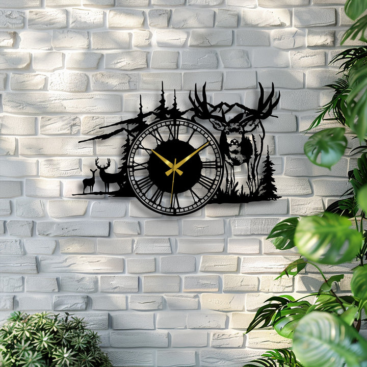 This horizontally oriented and intricately shaped deer forest metal wall clock is a stunning piece of decorative metal art.