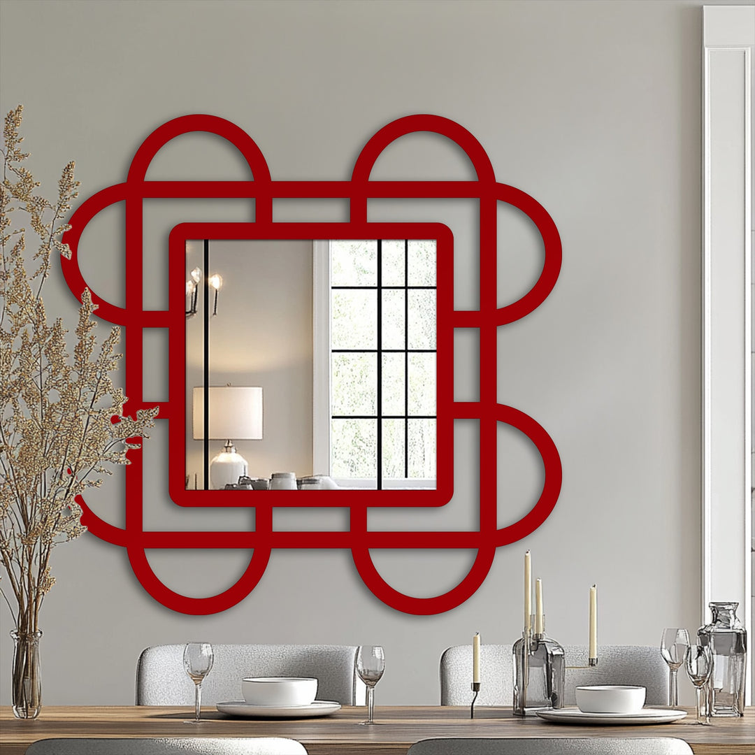 Highlighting the layering effect, the Looped Squares geometric wall mirror for wall decor showcases a striking design with its artful, red-outlined frame.