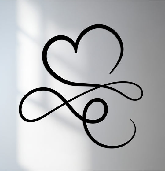 Smooth surface texture highlights the sleek, black metal decoration wall art, forming a heart and infinity love symbol in a minimalist design.