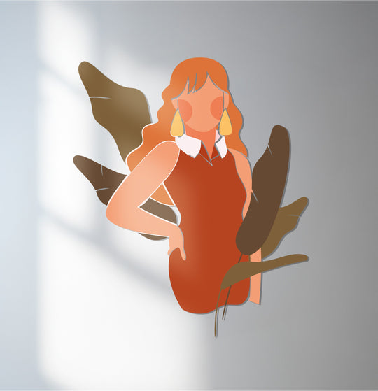 Vertical, rectangular metal artwork presents a modern boho woman, offering a contemporary feminine shape ideal for stylish home decor.