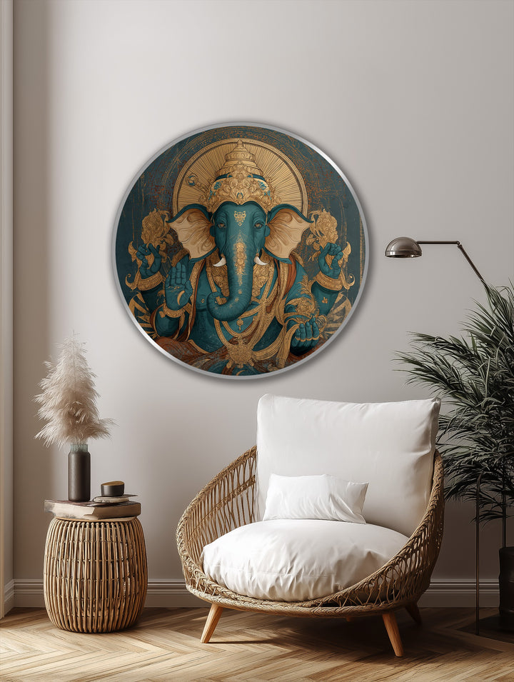 Softest details highlight the serene turquoise and gold hues of the Royal Ganesha, creating a calming focus in this beautiful oil painting art piece.