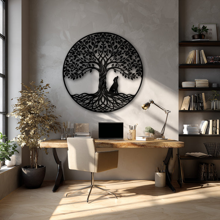 The background features a textured, light gray wall with sunlight creating geometric shadow patterns behind the unique metal wall art.