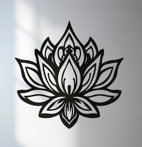 Vertically oriented lotus blossom showcases unique metal wall art, its stylized petals unfolding in a symmetrical, elegant shape against the subtle background.
