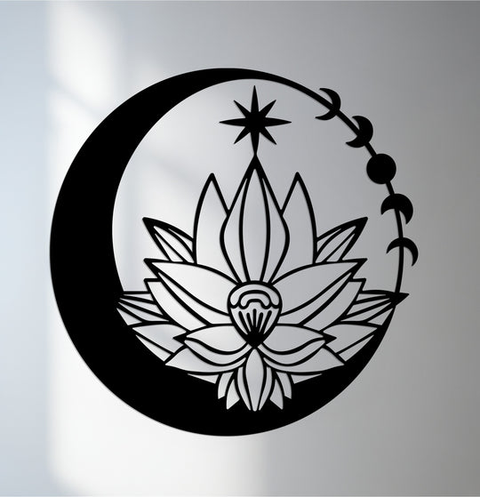 The decoration wall art's unique style highlights the flowing contrast as the lotus flower and moon phases create a visually dynamic piece.