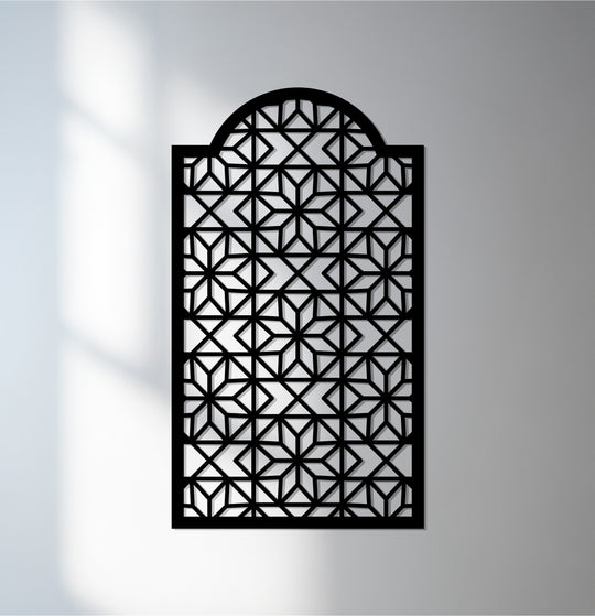 Intricate surface texture highlights the geometric arch pattern of this Islamic metal wall art, a unique metal wall art piece that showcases a stunning mashrabiya design.