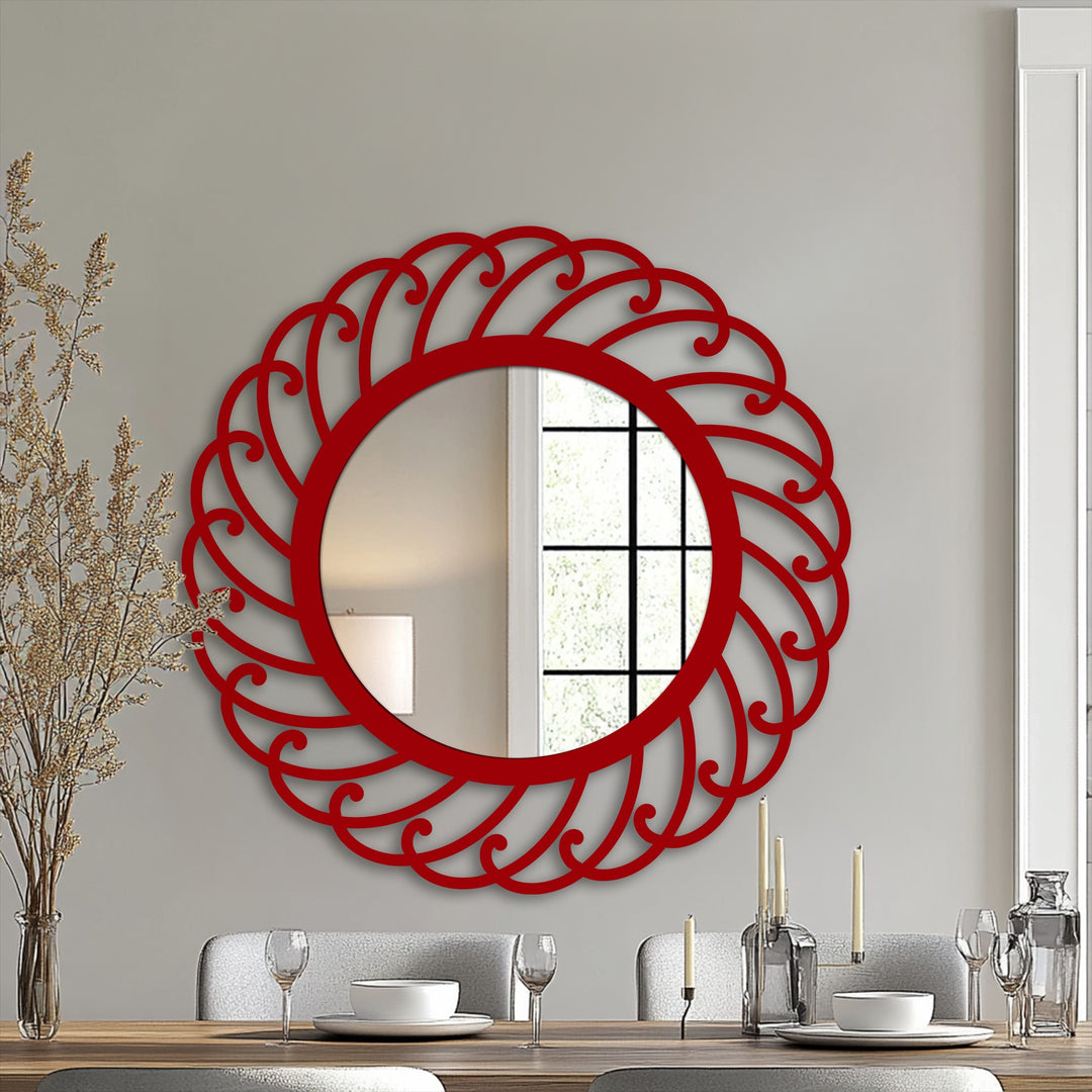 Finished in red, this swirl pattern round metal art for wall mirror features an elegant spiral design that enhances stylish interiors.