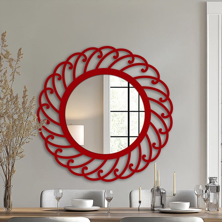Finished in red, this swirl pattern round metal art for wall mirror features an elegant spiral design that enhances stylish interiors.