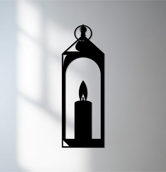 Smooth surface texture highlights the minimalist Ramadan candle lantern metal artwork, showing off its arched design as an elegant piece of Islamic wall decor.
