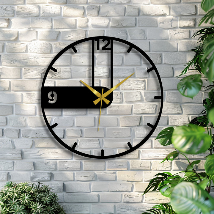 Textured white brick provides the background for this modern metal wall clock, making it a stylish example of unique metal wall art.