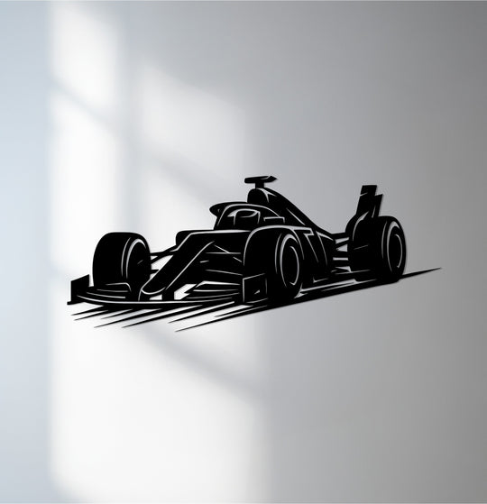 Horizontally oriented, sleek race car offers a striking shape as unique metal wall art, portraying Velocity Shadow's modern Formula One design.