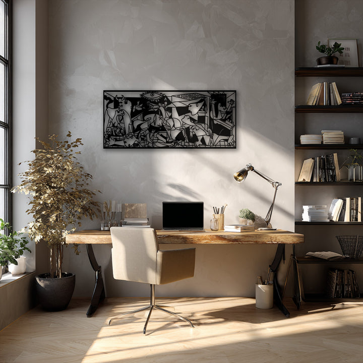 The negative space around the detailed Guernica-Inspired Abstract Panel creates striking decorative metal art against a light textured wall.