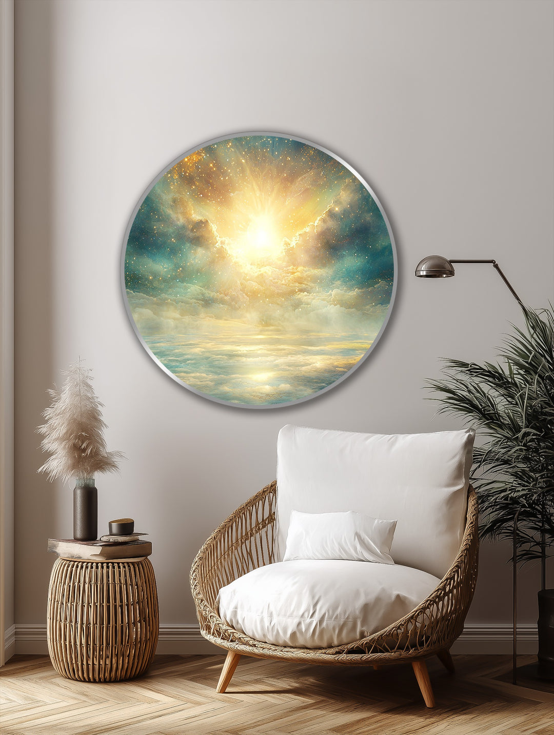 High color contrast defines this round oil painting decoration, where celestial gold light bursts from ethereal clouds reflecting over tranquil waters.