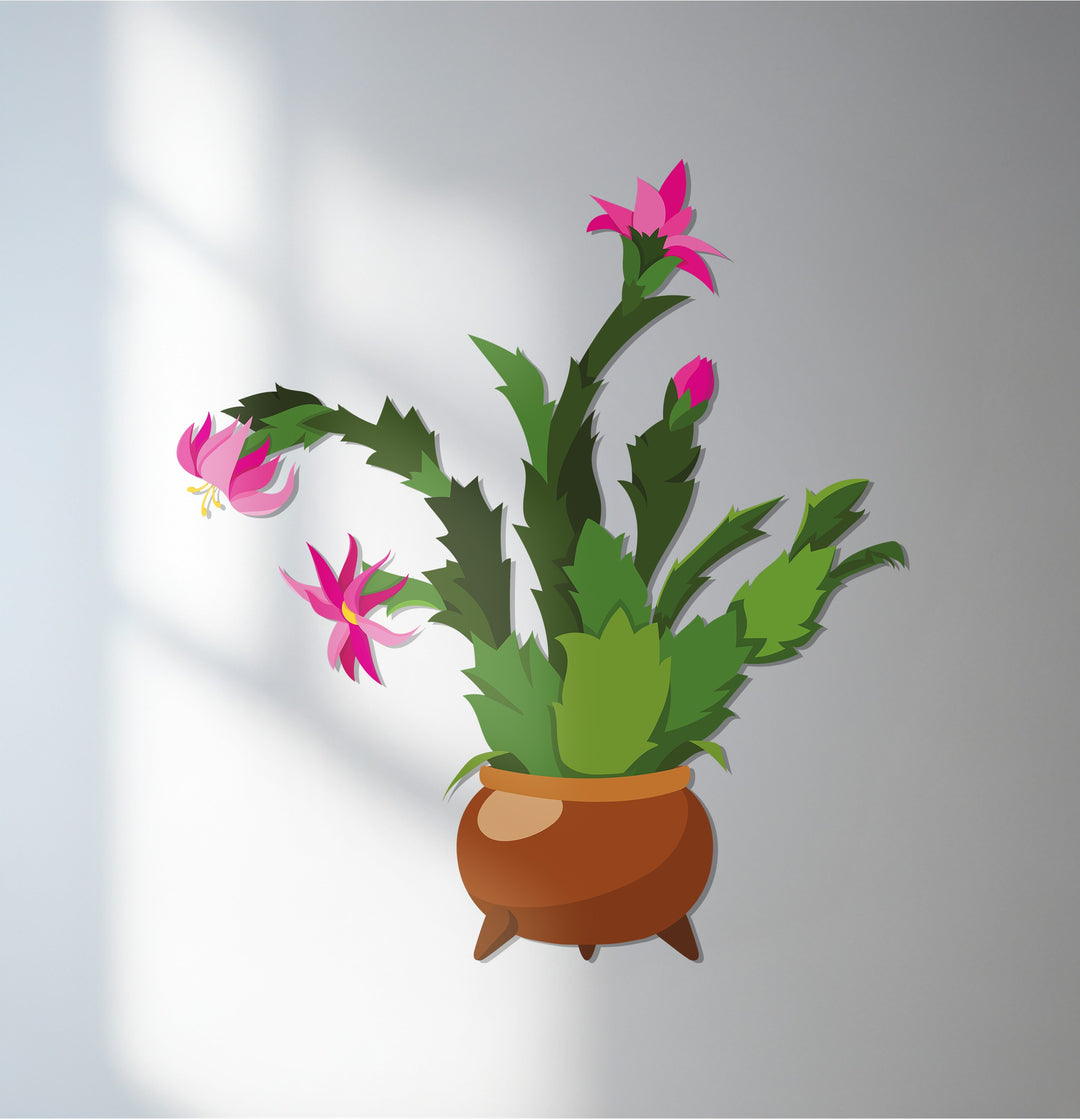 Subtle shadows highlight the blossoming pink cactus, making it the softest element in this colorful botanical metal art for wall piece, bringing a touch of modern wall decor.