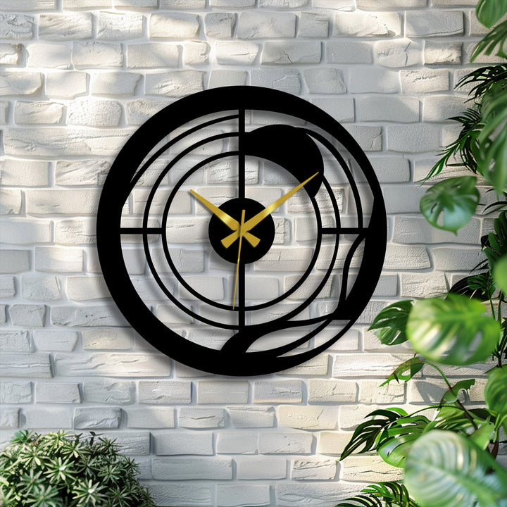 Realistic detail highlights the craftsmanship of this modern abstract spiral metal wall clock, a striking example of contemporary metal artwork with elegant gold hands.