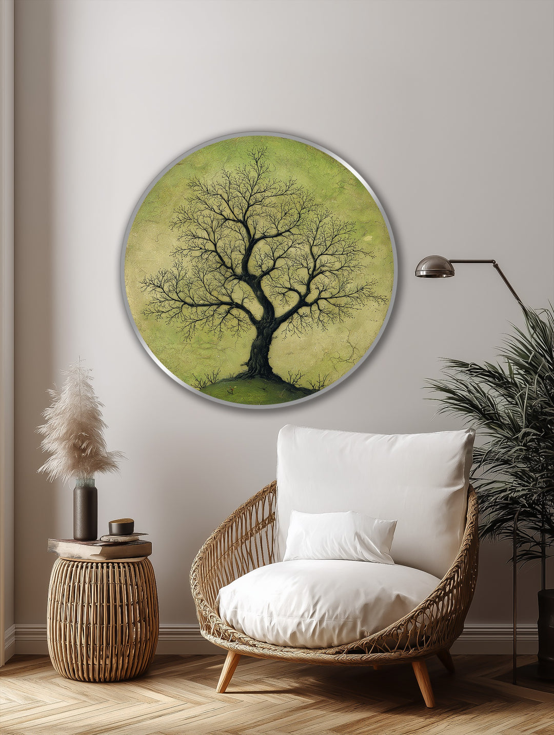 Árbol solitario con ramas sobre un suave suelo verde – Redondo inspirado en la naturaleza Cuadro al óleo
