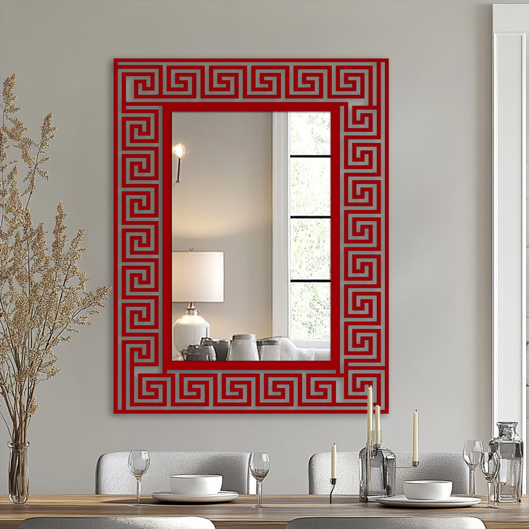 Visual rhythm is achieved through the repeated Greek key pattern frame of this metal decoration wall art mirror, lending a geometric and stylish accent.