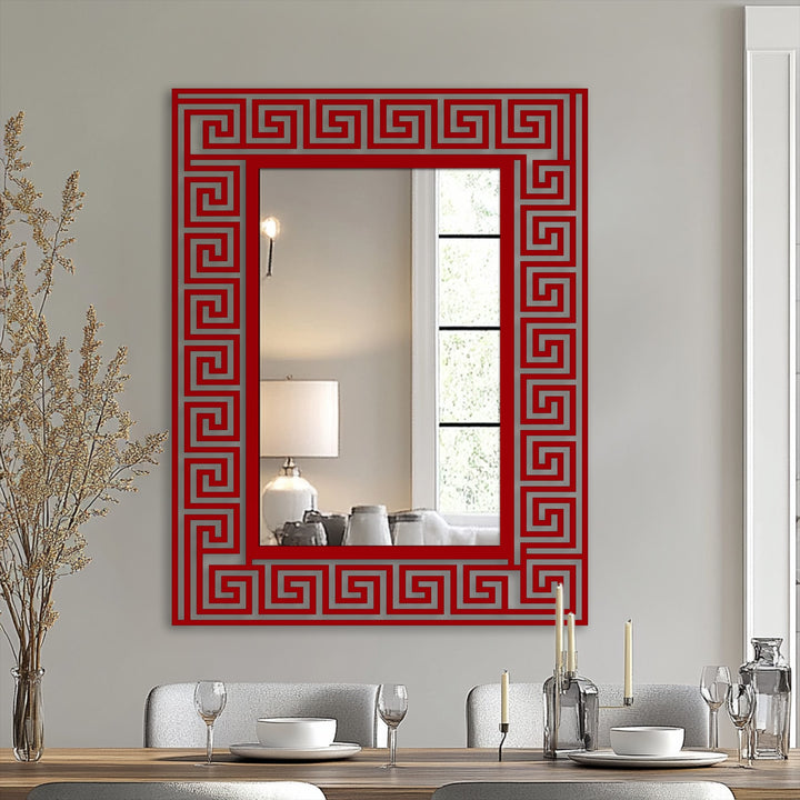 Visual rhythm is achieved through the repeated Greek key pattern frame of this metal decoration wall art mirror, lending a geometric and stylish accent.