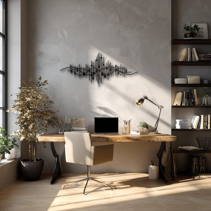 The realistic detail of this striking abstract soundwave decorative metal art is beautifully emphasized by sunlight on a textured wall.