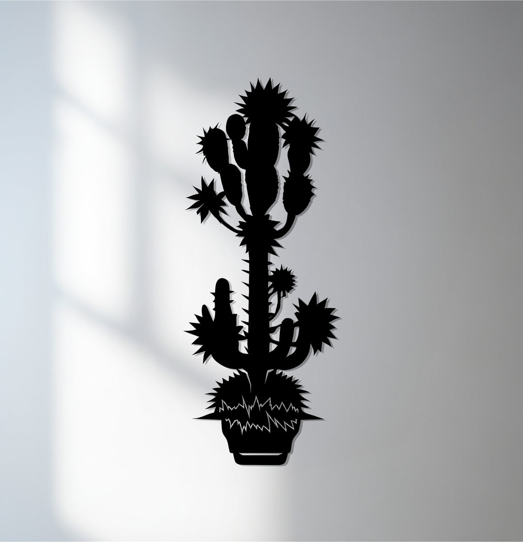 Crafted with durable metal, this spiky desert cactus metal decoration wall art showcases a botanical silhouette offering high-quality, modern wall decor.