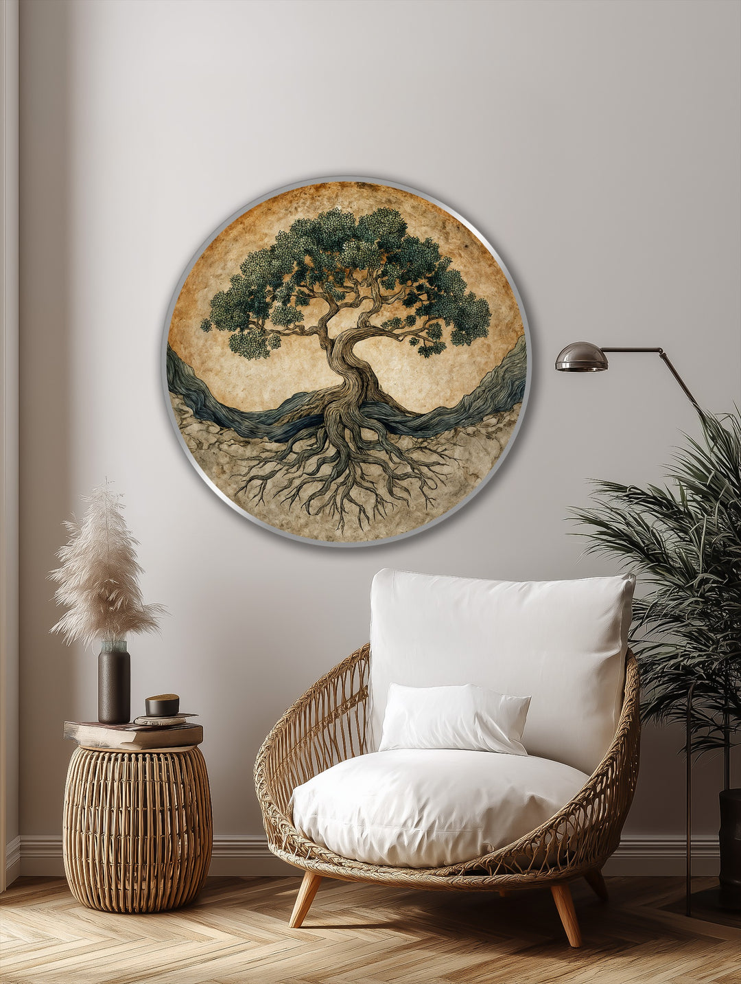 Dominant earthy browns and greens highlight this round oil painting home decor, showcasing the 'Ancient Roots of Life' symbolic tree with detailed roots and branches.
