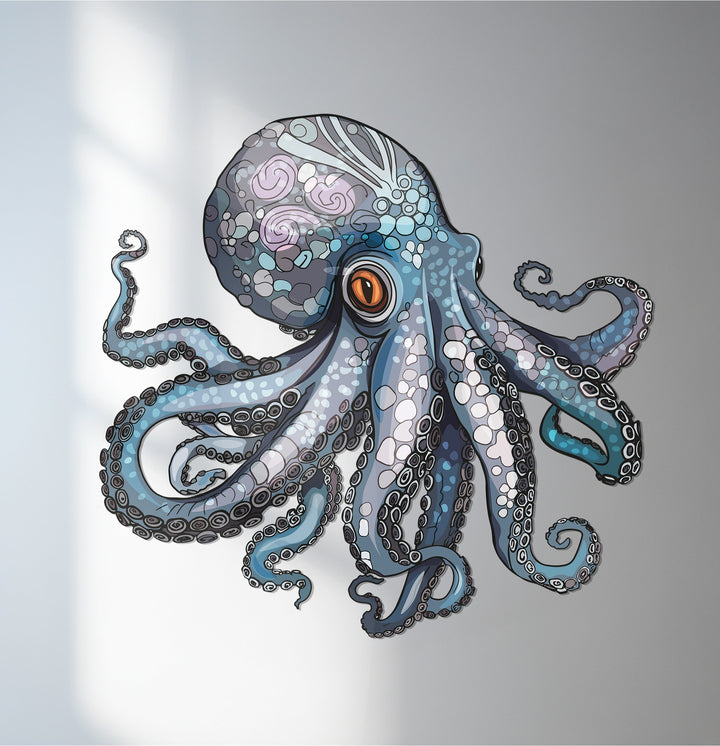 Ocean octopus metal wall art in blue and silver marine tones