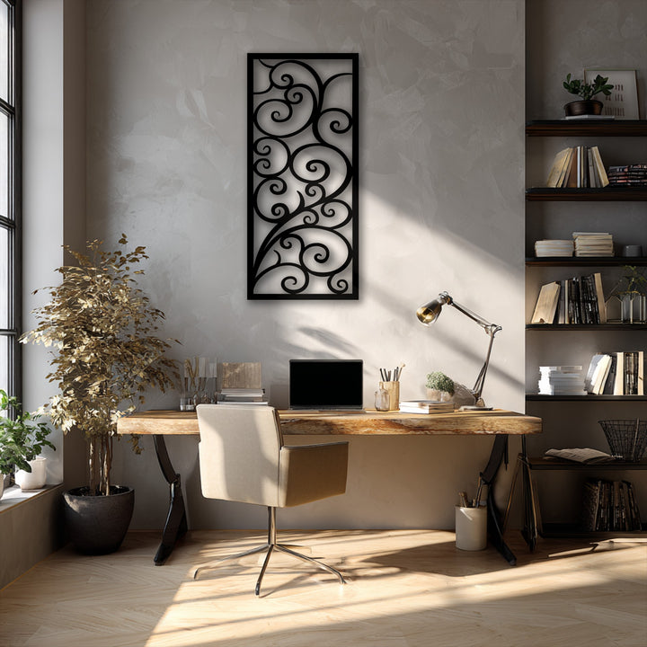 Muted gray-beige walls complement elegant Whispering Vines scroll pattern metal artwork in a sunlit room.