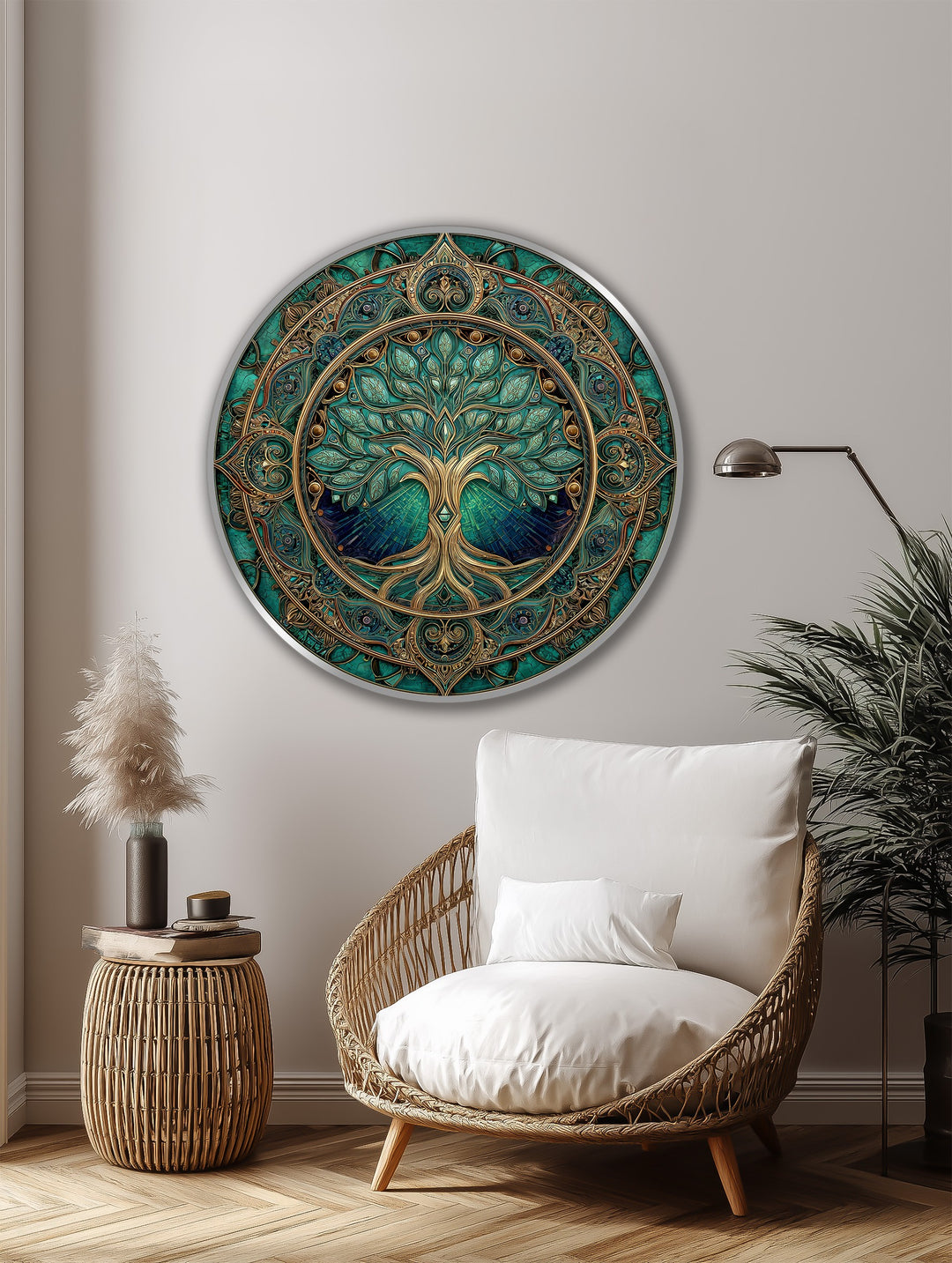 Emerald Sacred Tree – Ornate Round Wooden Oil Painting Wall Art