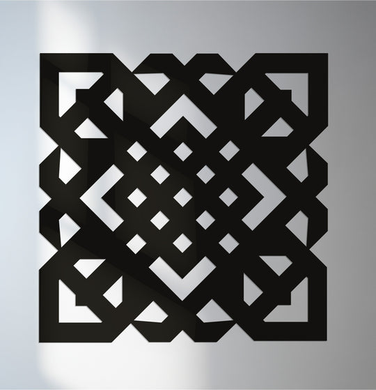 Intersecting light and shadow define this geometric maze pattern, showcasing the intricate details of this modern metal wall decor, adding dimension and visual appeal.