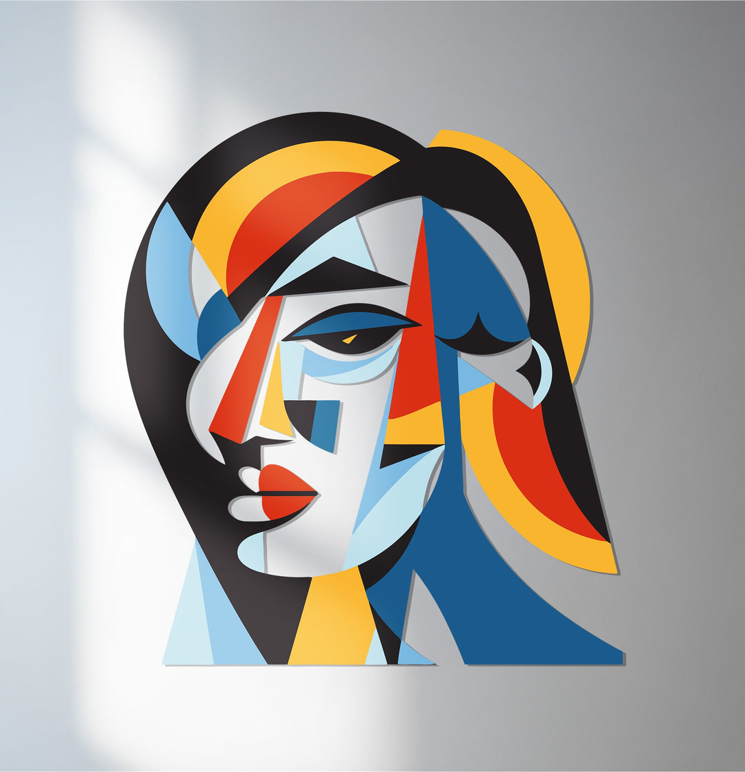 Colorful cubist woman metal wall art with abstract geometric face design for modern home décor