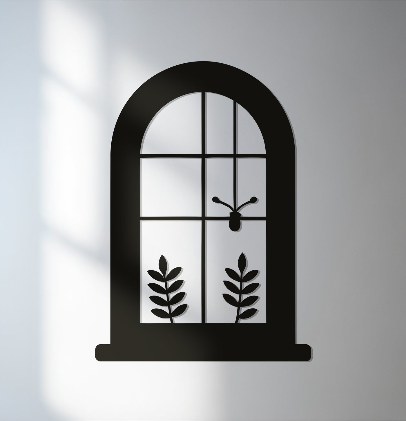 Botanical silhouette design foreground with modern arched metal wall decor featuring a window view and a butterfly, crafted as a unique piece of metal wall art.