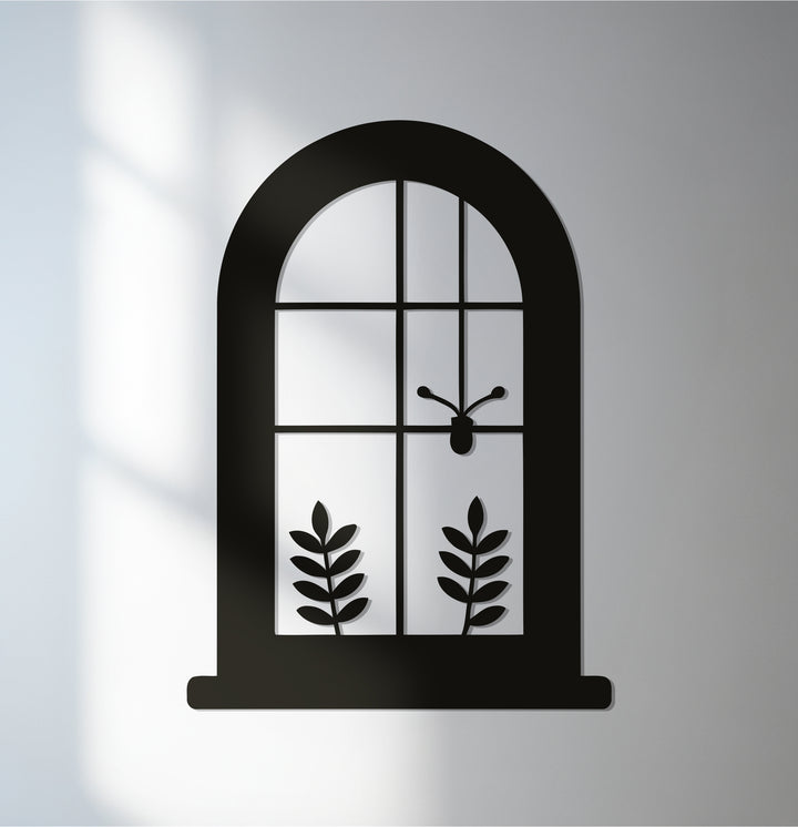 Botanical window silhouette metal wall art with plants