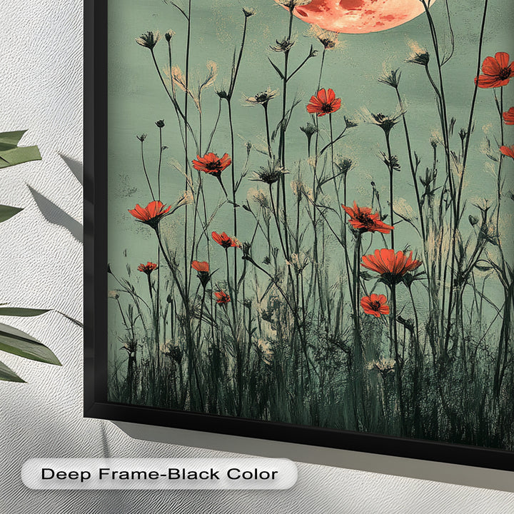 Celestial Wildflowers – Full Moon Over Red Meadow Blooms Oil Painting