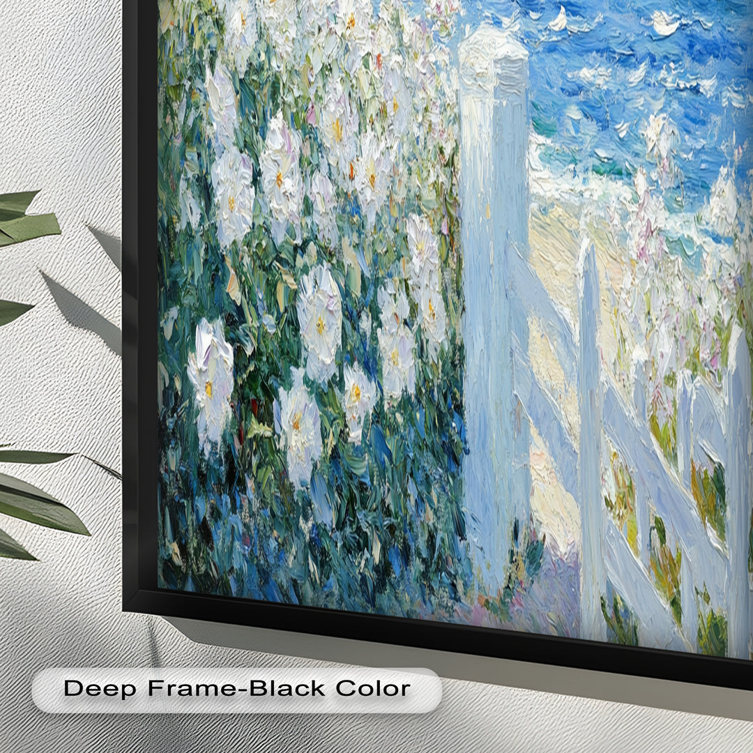 White Rose Garden with Sailboats – Impressionist Oil Painting