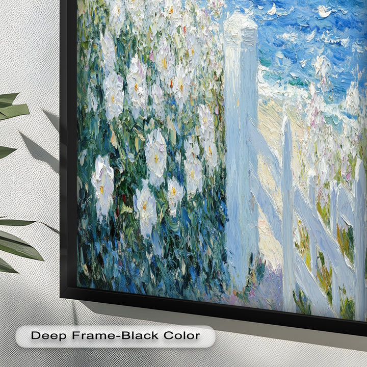 White Rose Garden with Sailboats – Impressionist Oil Painting