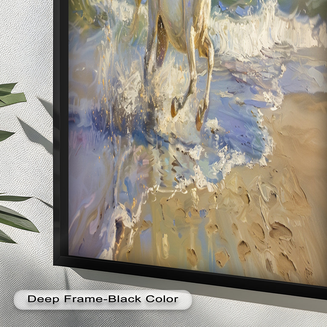 White Horse Galloping on Beach – Dynamic Oil Painting