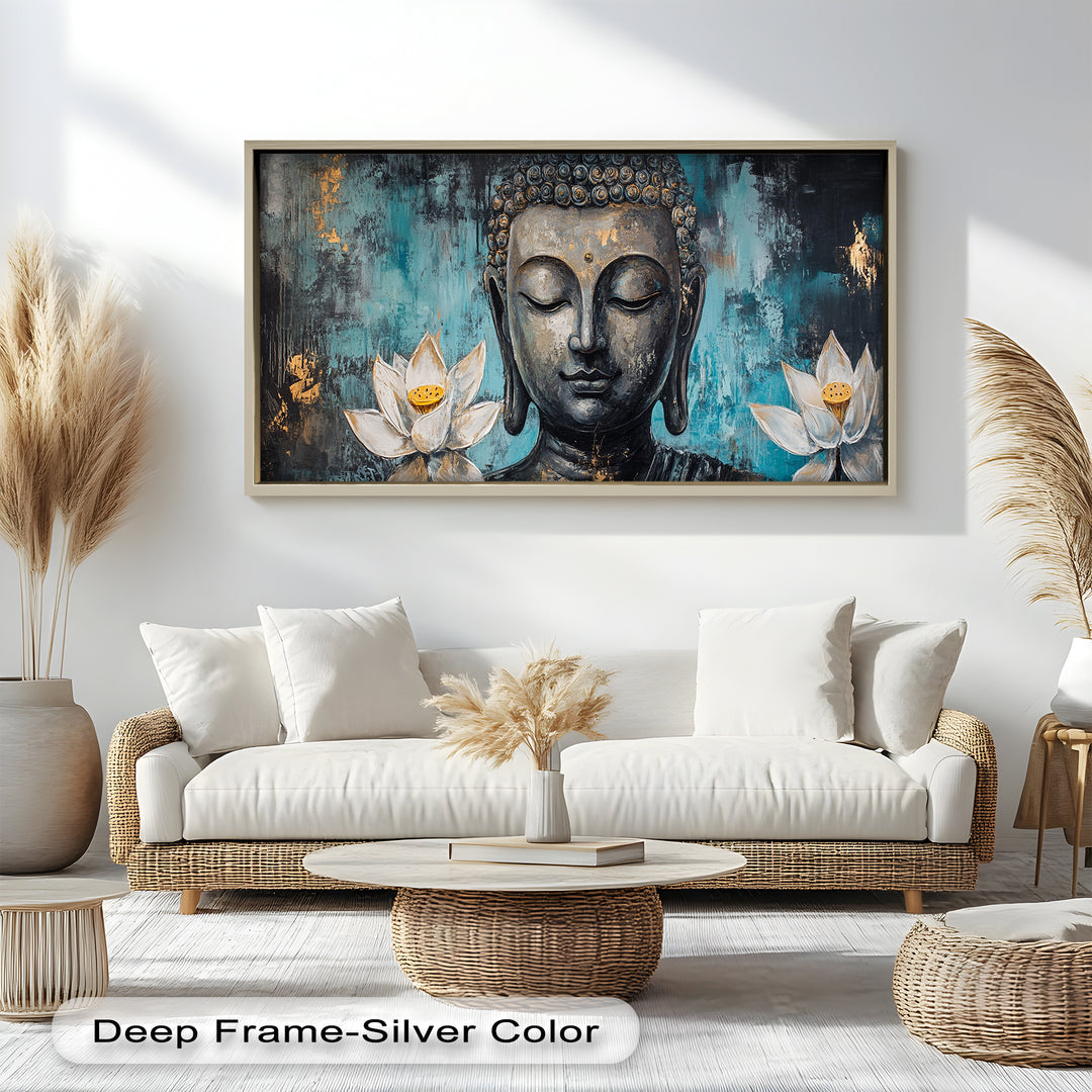 Buddha with Lotus Flowers Wall Art – Religious Oil Painting