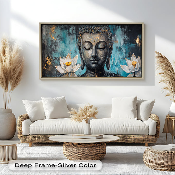 Buddha with Lotus Flowers Wall Art – Religious Oil Painting