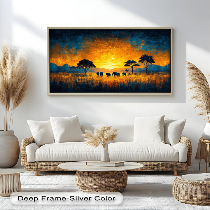 Golden Savannah Sunset – Elephant Silhouette Oil Painting